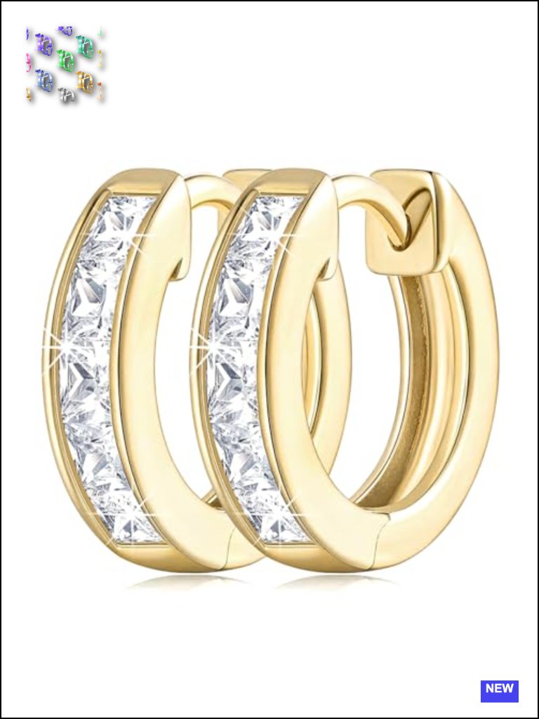 14k Gold Hoop Earrings For Women Princess Cut Cubic Zirconia Hoops 15/20/25mm